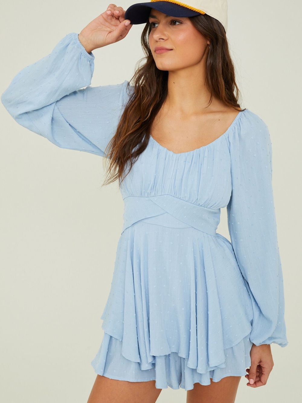 Altar’d State Light Blue Crossover Long Sleeve Romper XS